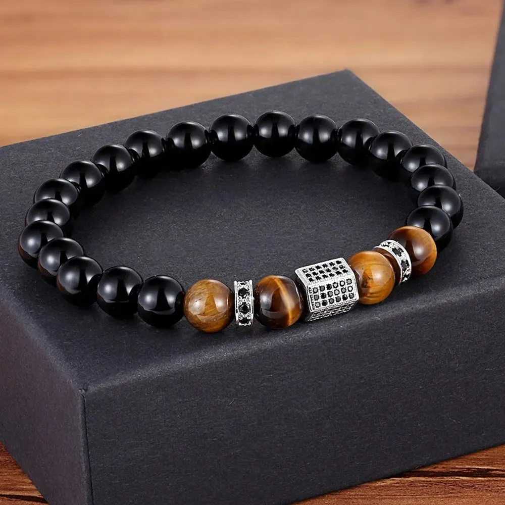 XQNI Matte Onyx Stone&Tiger Eye Combination Stitching with Cubic Zircon Hand Jewelry Beads Bracelet Elastic Stretch Men Bracelet