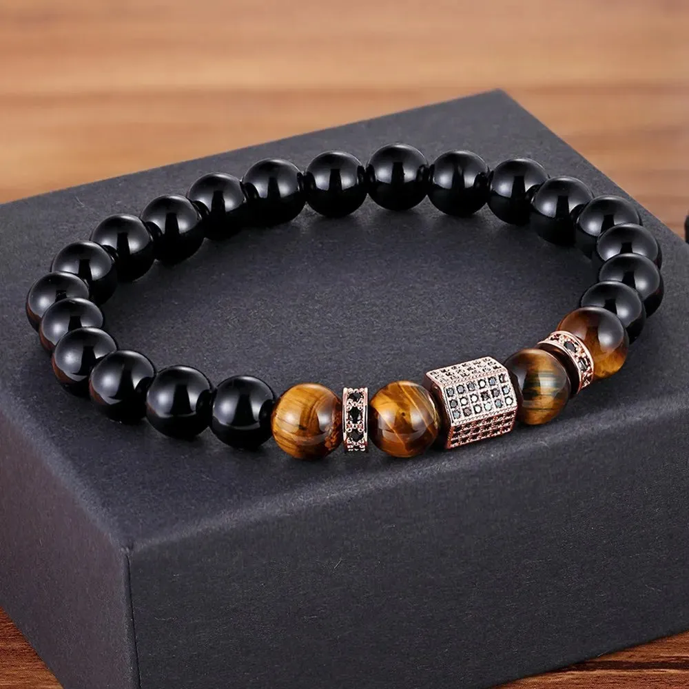 XQNI Matte Onyx Stone&Tiger Eye Combination Stitching with Cubic Zircon Hand Jewelry Beads Bracelet Elastic Stretch Men Bracelet