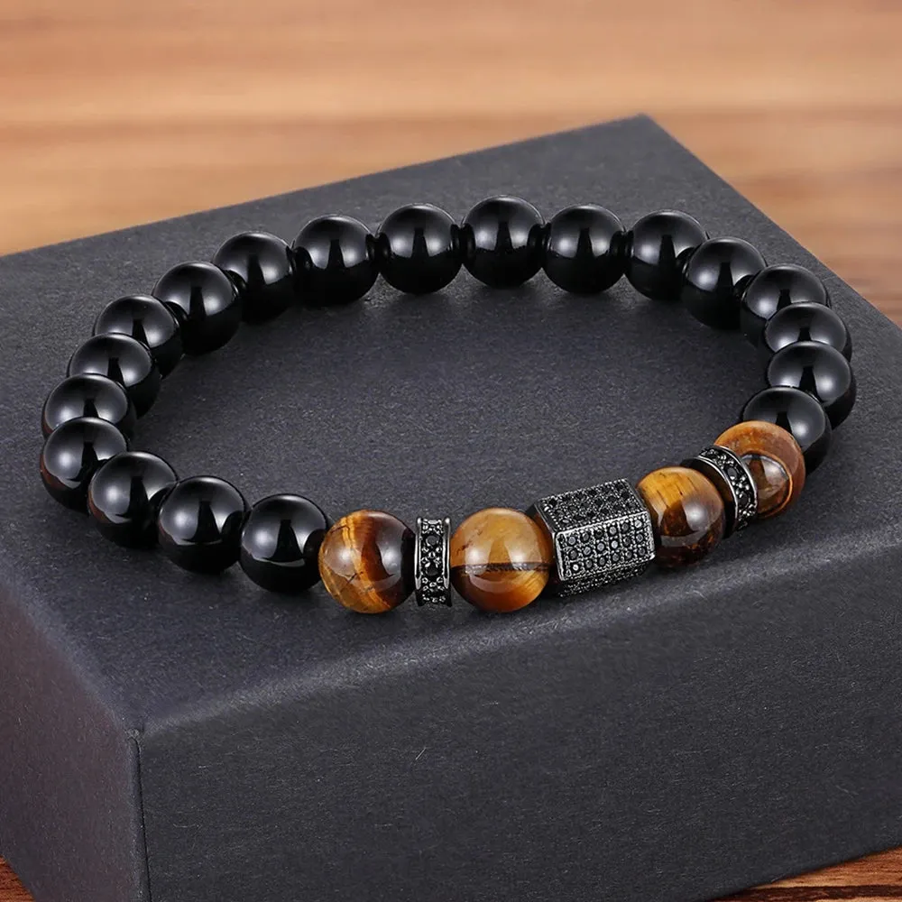 XQNI Matte Onyx Stone&Tiger Eye Combination Stitching with Cubic Zircon Hand Jewelry Beads Bracelet Elastic Stretch Men Bracelet