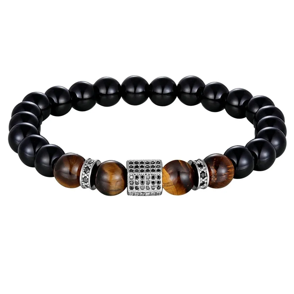 XQNI Matte Onyx Stone&Tiger Eye Combination Stitching with Cubic Zircon Hand Jewelry Beads Bracelet Elastic Stretch Men Bracelet