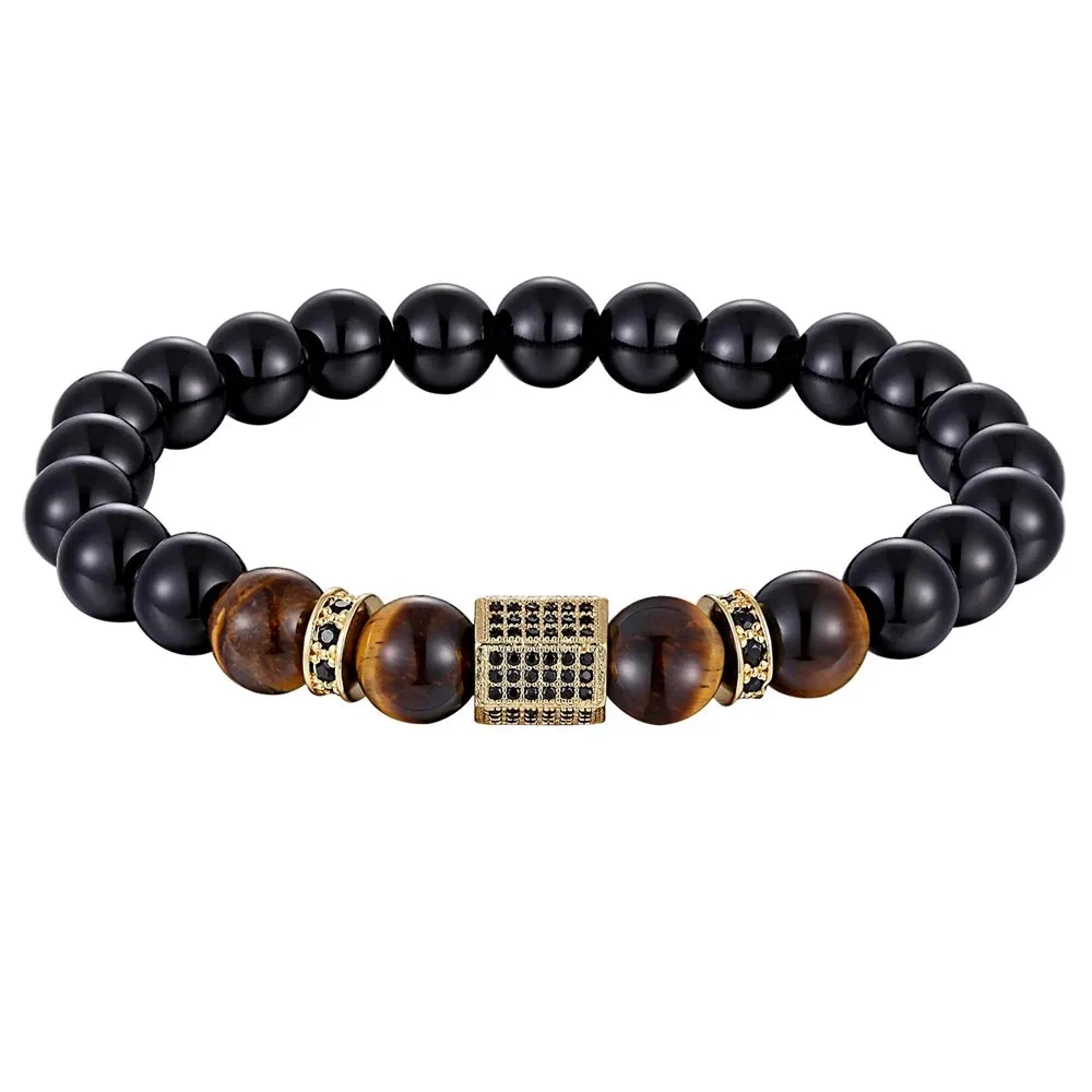 XQNI Matte Onyx Stone&Tiger Eye Combination Stitching with Cubic Zircon Hand Jewelry Beads Bracelet Elastic Stretch Men Bracelet