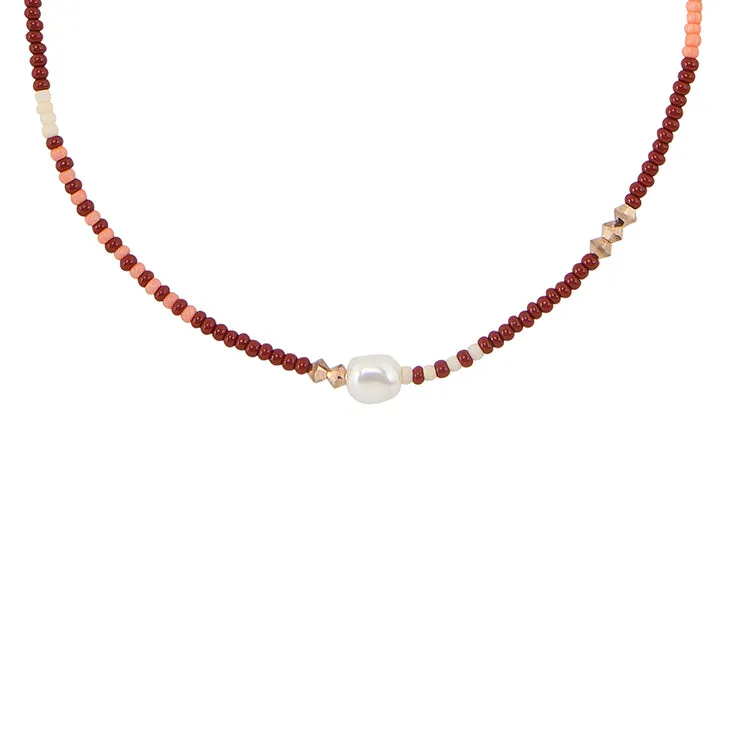 Zebra Pearl Crystal Necklace - BURGUNDY/PINK/SALMON